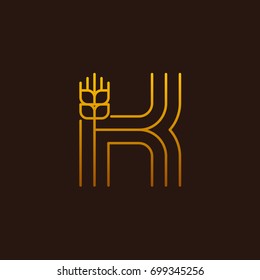 Letter K Line style logotype with wheat, rice organic grain products and healthy food vector illustration