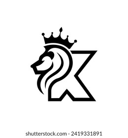 Letter K lion king with crown unique shape modern line art monogram abstract logo design idea