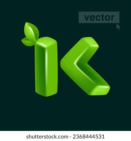Letter K logo 3D render in cartoon cubic style with green leaves. Eco-friendly vector illustration. Impossible isometric shapes. Perfect for nature banner, healthy food labels, garden, and grass adv.