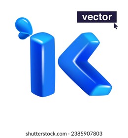 Letter K logo 3D render in cartoon cubic style made of blue clear water and dew drops. Eco-friendly vector illustration. Impossible isometric shapes. Perfect for nature banner, healthy filter labels.