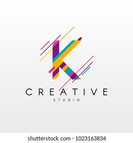 Letter K Logo. Abstract K letter design, made of various geometric shapes in color. 