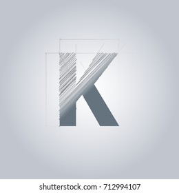 Letter K logo. Alphabet logotype architectural design. Grey color. Blueprint. With gradient.
Concept design template.