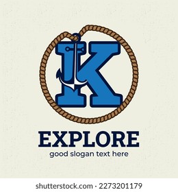 Letter K logo with anchor illustration logo design template, nautical logo concept, vintage style.