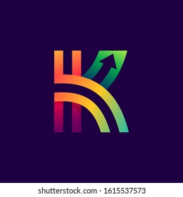 Letter K logo with arrow inside. Vector bright colours typeface for delivery labels, business headlines, finance posters, sport cards etc.