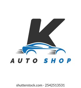 letter K logo auto mechanic with car style. Alphabet K automotive car design icon	