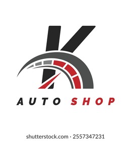 letter K logo auto mechanic with speedometer style. Alphabet K automotive speedometer design icon