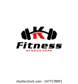 Letter K Logo With barbell. Fitness Gym logo. fitness vector logo design for gym and fitness.