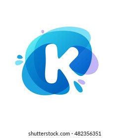 Letter K logo at blue water splash background. Vector ecology elements for posters, t-shirts, ecology presentation or card.