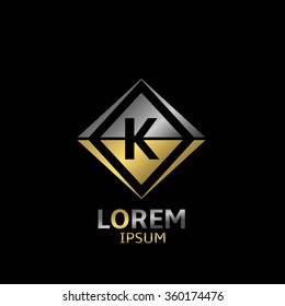 Letter K logo. Brand symbol with golden and silver elements, Vector illustration