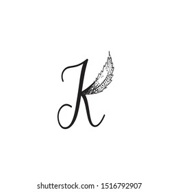 Letter K logo. Calligraphic icon with natural leaf element. Alphabet initial for cosmetics, food, health, pharmacy, drugstore, organic & ecologic lifestyle. Decorative character hand drawn lettermark.