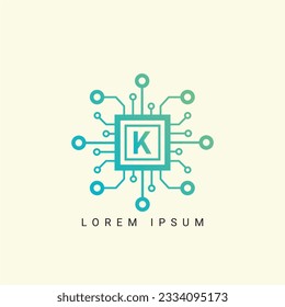 Letter K logo, Circle shape symbol, green and blue color, Technology and digital abstract dot connection