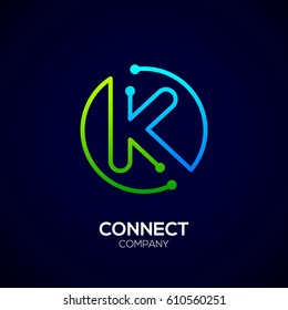 Letter K logo, Circle shape symbol, green and blue color, Technology and digital abstract dot connection