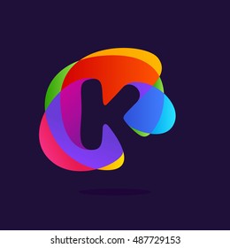 Letter K logo at colorful multicolor splash background. Negative space design. Vector elements for posters, t-shirts and cards. 