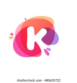 Letter K logo at colorful watercolor splash background. Vector elements for posters, t-shirts and cards. 