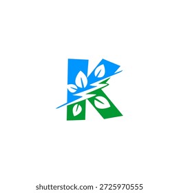 Logo de la letra K que combina un rayo y una hoja verde. Diseño de Vectores para energías renovables, electricidad ecológica y startups tecnológicas sostenibles.
