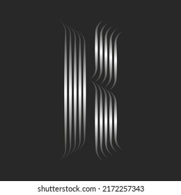 Letter K logo creative monogram Gothic style, metallic effect silver gradient stripes from smooth thin parallel lines, creative calligraphic logotype.