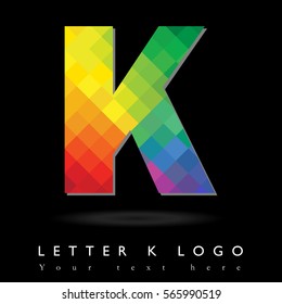 Letter K Logo Design Concept in Rainbow Mosaic Pattern Fill and Black Background