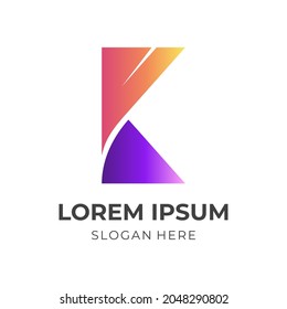letter K logo design with flat orange and purple color style