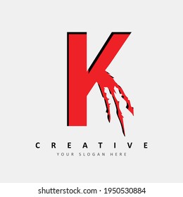 Letter K Logo Design With Red Claw Scratch Vector Illustration