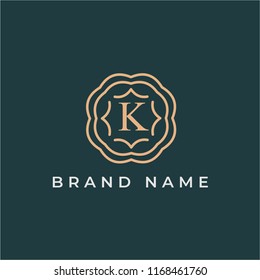 letter K logo design template. Alphabet label sign. Linear lettering calligraphy emblem with ornamental frame. Luxury linear creative monogram. vector illustration
