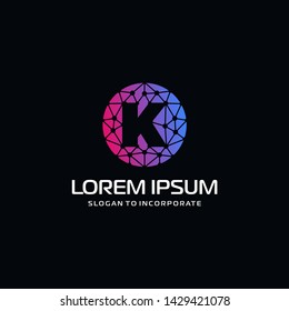 Letter K Logo Design Template with technology concept. Abstract network connection, Line Connect Dots Tech Logo. vector globe technology and digital concept - Vector 