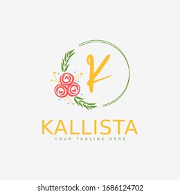 Letter K logo design template with beautiful circles and flower frames
