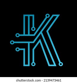 Letter K logo design template,Technology abstract dot connection cross vector logo icon circle logotype. Graphic is suitable for technology, digital, sharp, dot, electric. Gradient blue and green.
