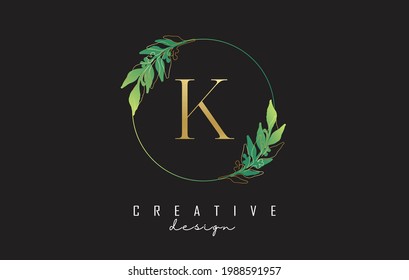 Letter K logo design with uppercase, leaf details, golden outline leaves and circle frame. Vector Illustration with Botanical elements. Nature template with K letter.
