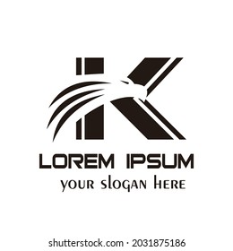 letter K logo with eagle head silhouette, bird shape logo, growth, modified letter K, simple, clean and elegant.