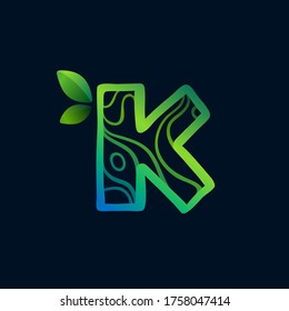 Letter K logo with eco waves pattern. Perfect vector green icon for landscape design, natural print and cartography labels, etc.