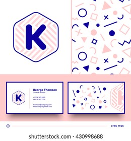 Letter K logo element with seamless pattern and business card. Vector design template elements for your application or corporate identity