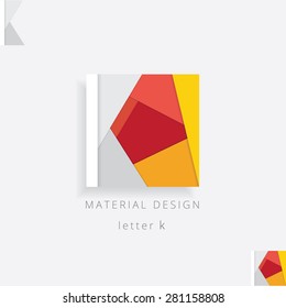 letter k logo element in trendy material design style. White letter k isolated on colorful patchwork square background