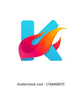 Letter K logo with fast speed fire. Vector icon perfect to use in sportswear labels, race posters, danger identity, etc.