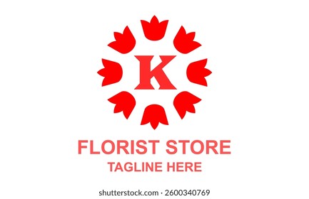 Letter K logo floral. Elegant symbol abstract flower red colour clip art logo. Branding for florist business