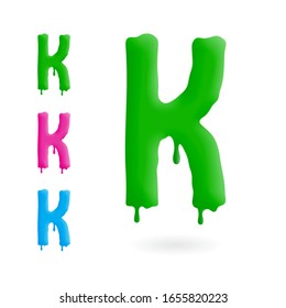 Letter K logo. Green, blue and pink character with drips. Dripping liquid symbol. Isolated vector