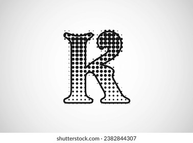 Letter K logo in halftone dots style, Dotted shape logotype vector design.