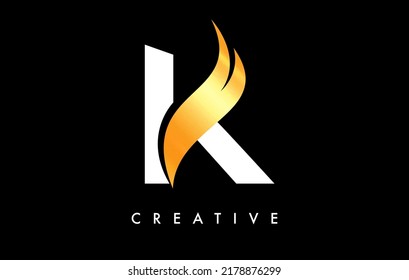 Diseño de iconos con logotipo K con diseño de forma curva de corte dorada y creativo con ilustración de vectores de formas curvadas.