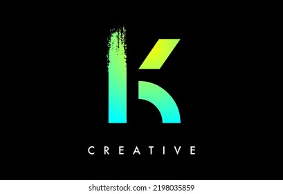 Letter K Logo Icon Design with Rounded Shape and Artistic Brush Stroke Ending. Letter k in Green Blue Electric Vibrant Color Vector Illustration.