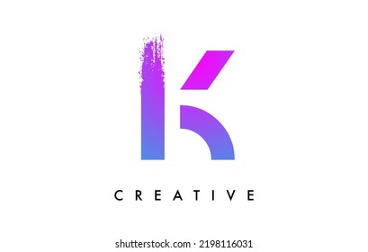 Letter K Logo Icon Design with Rounded Shape and Artistic Brush Stroke Ending. Letter k in Purple Blue  Electric Vibrant Color Vector Illustration.