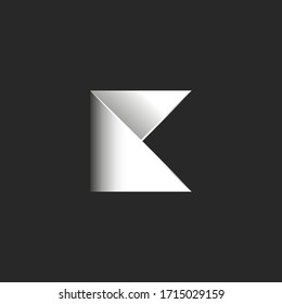 Letter K logo initial from the folded sheet of paper, black and white gradient typography design mockup, two triangles geometric shape.