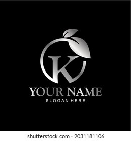 letter K logo and leaf circle. premium vector letter K with silver luxury color leaf. letter K metal model