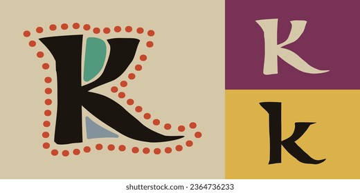 Letter K logo. Lindisfarne calligraphy in majuscule Celtic, Anglo-Saxon, Irish style with red dots pattern. Dim colored medieval initial. Vintage illuminated dropcap for brewery, heraldic monograms.