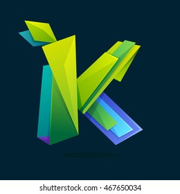 Letter K logo in low poly style with green leaves. Ecology vector design for presentation, web page, app icon, card, labels or posters.