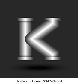 Letter K logo monogram 3d metallic line pipe shape construction with flanges, silver colour creative typography mark, industrial logotype mark style design.
