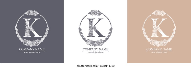 Letter K logo or monogram. For your business. Vector sign. Floral style, beautiful roses. Personal logo.
