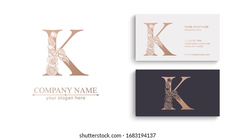 Letter K logo or monogram. For your business. Vector sign. Floral style, beautiful roses. Personal logo.
