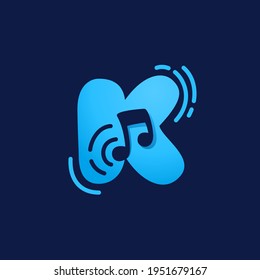 Letter K logo with musical note. Vector negative space style icon for Sound media company, Audio magazine, Song and Dance  poster.