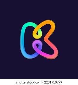 Letter K logo. Rainbow gradient one line icon. Overlapping multicolor emblem with glossy shine. Ideal for colorful app, street art design, bright advertising, toy packaging, multimedia identity.