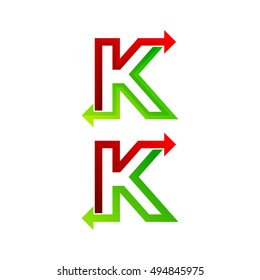 Letter K logo with Red and Green Arrow Forward Next Signs, Express Exchange Symbols, Transportation Export Import icons, Technology Digital Connection Trading concept for Corporate identity Business
