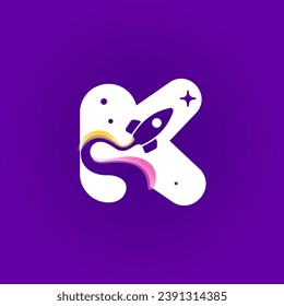 Letter K logo with rocket launch trail, planets, and stars. Negative space style icon. Vector typeface for science identity, planet travel app, chemistry posters, jet company, and biology advertising.